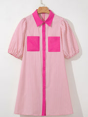 Button-down mini dress with pink stripes, puff sleeves, and two chest pockets.