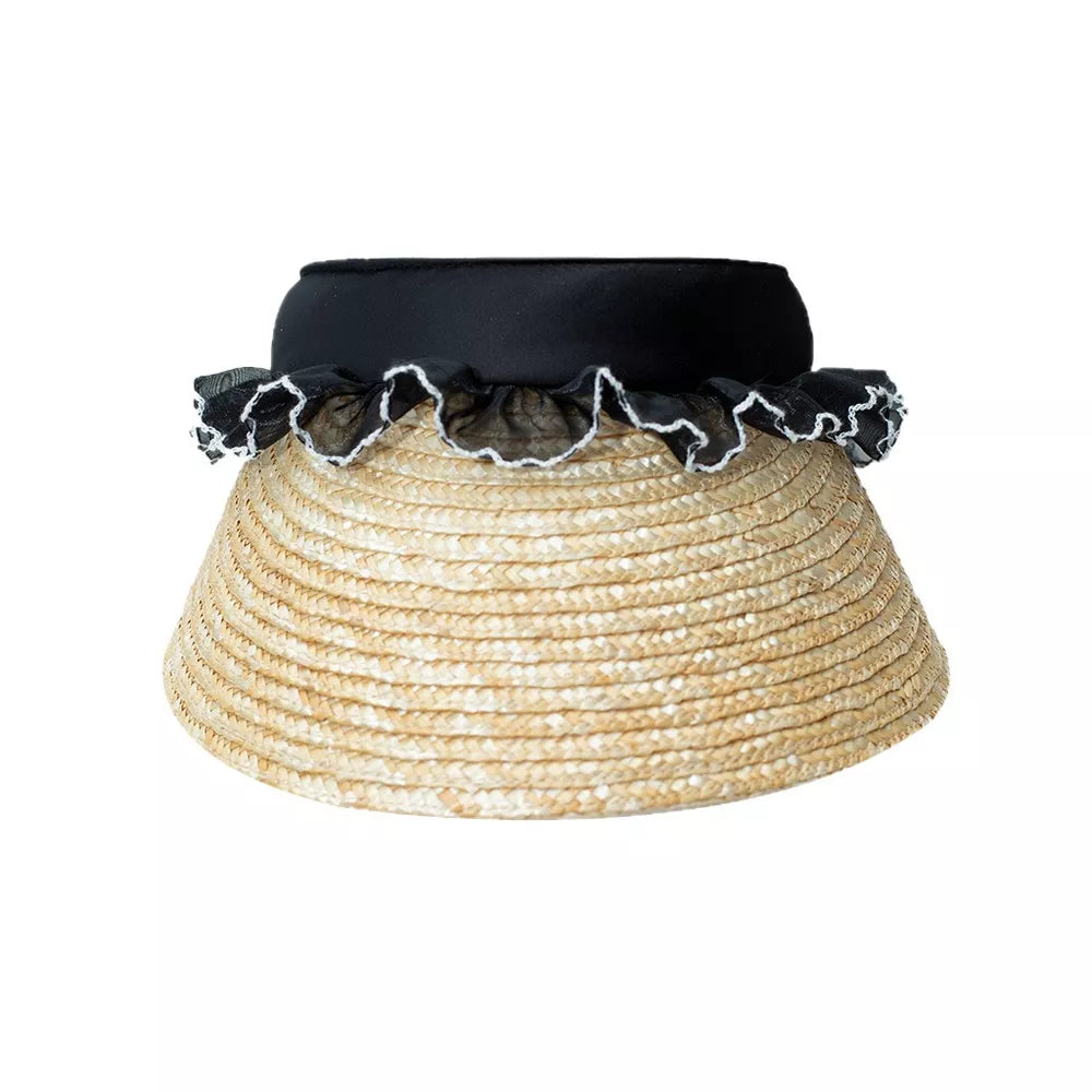 Straw visor hat with black band and ruffled lace trim
