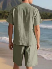 Men's casual short sleeve shirt and shorts ensemble in Army Green.