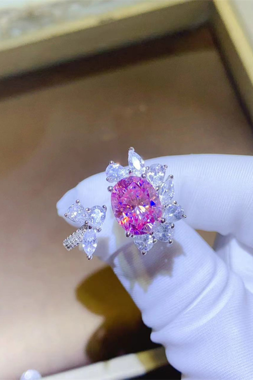 Blossom Halo Pink Crystal Ring with butterfly design and clear accents
