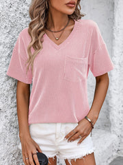 Textured ribbed V-neck pocket tee in blush pink.