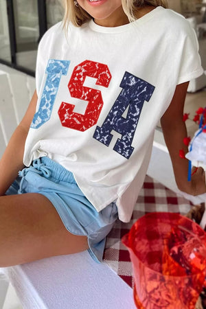 USA graphic dolman t-shirt with lace accents, polyester.