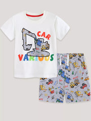Toddler tee and shorts set with excavator and construction vehicle print.