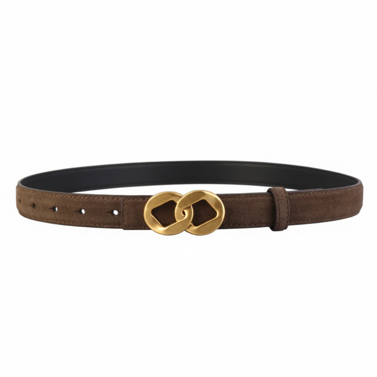 Brown suede belt with interlocking gold buckle detail
