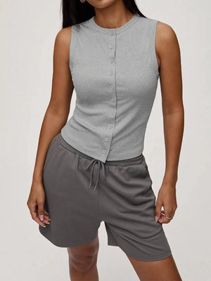 Light gray ribbed button-front tank top with round neckline.