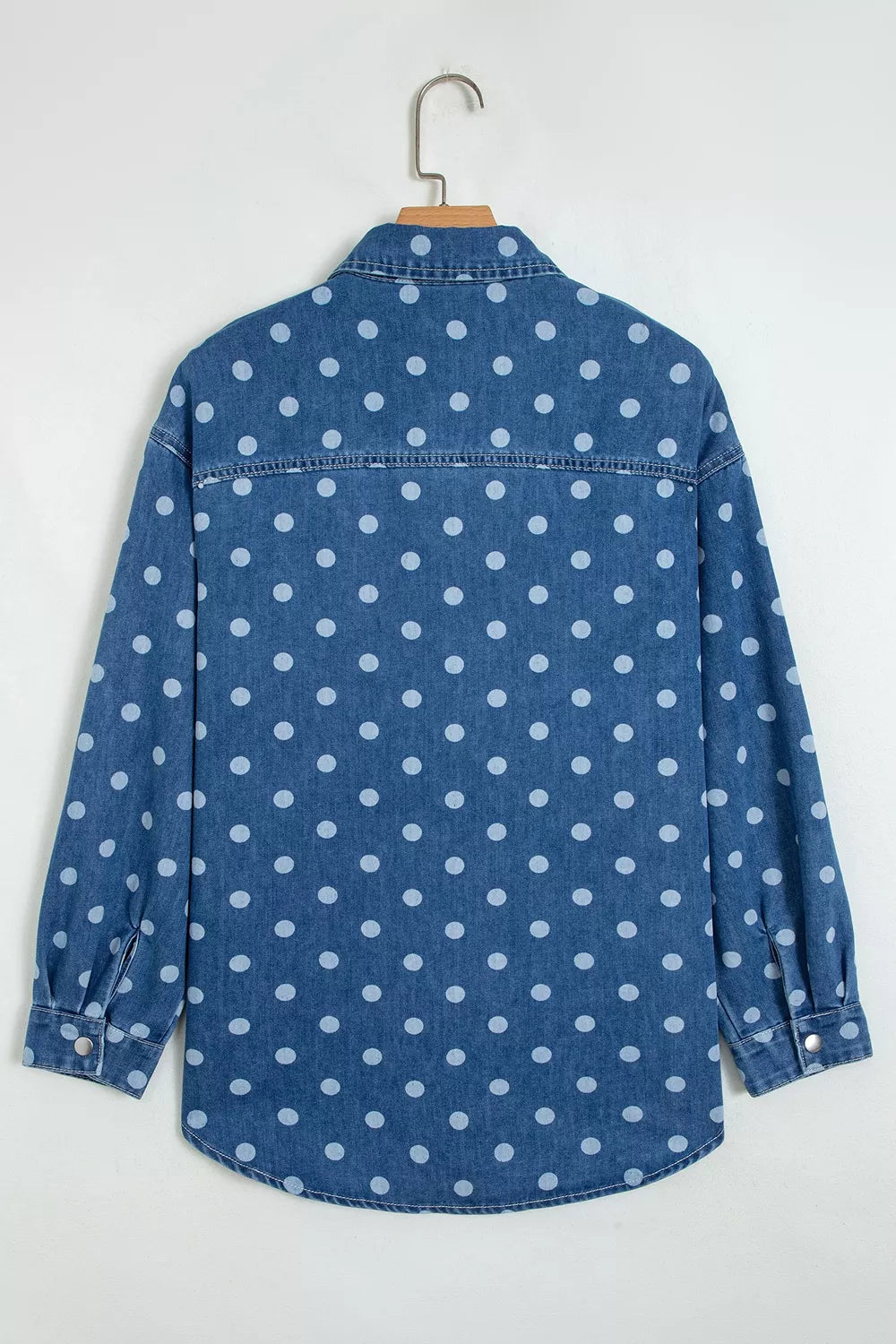 Polka Dot Long Sleeve Collar Shift Tunic Denim Jacket in Dusty Blue, fabric detail