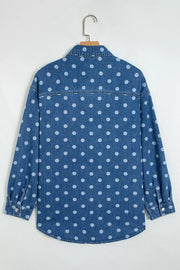 Polka Dot Long Sleeve Collar Shift Tunic Denim Jacket in Dusty Blue, fabric detail