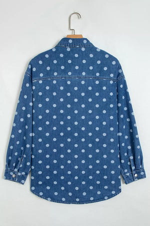 Polka Dot Long Sleeve Collar Shift Tunic Denim Jacket in Dusty Blue, fabric detail
