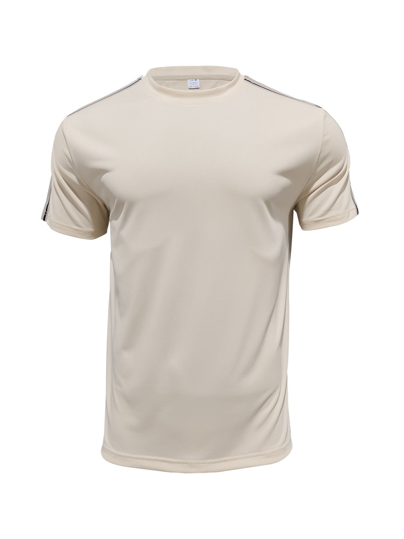 Men's apricot cotton crew neck t-shirt with sporty shoulder stripes