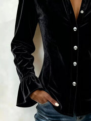 Velvet Button Up Flare Sleeve Shirt Plus Size in Burgundy, model styling view