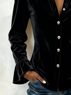 Velvet Button Up Flare Sleeve Shirt Plus Size in Burgundy, model styling view