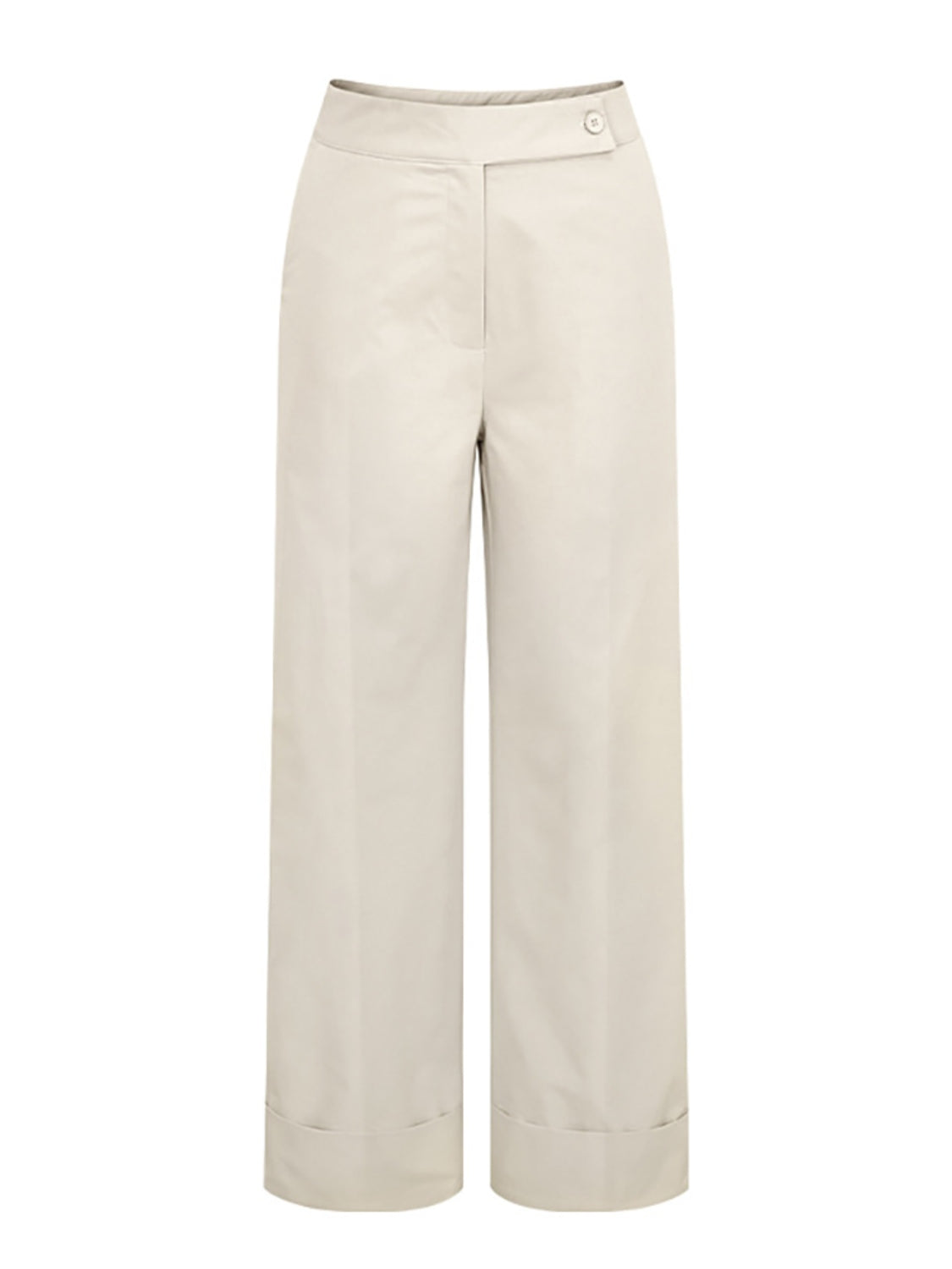 Beige wide-leg tailored trousers with cuffed hemline and button closure.