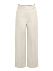 Beige wide-leg tailored trousers with cuffed hemline and button closure.