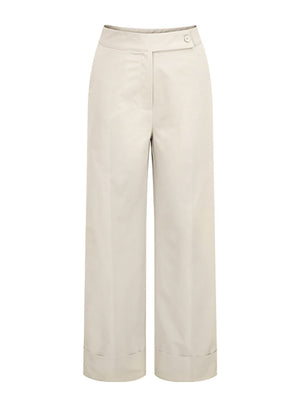 Beige wide-leg tailored trousers with cuffed hemline and button closure.