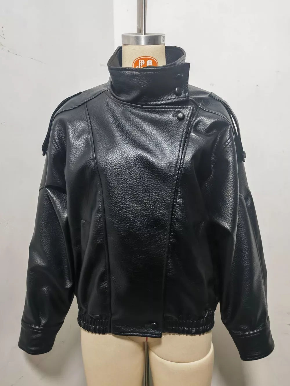 Zip-up Faux Leather Moto Jacket in Brown, alternate angle