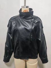 Zip-up Faux Leather Moto Jacket in Brown, alternate angle