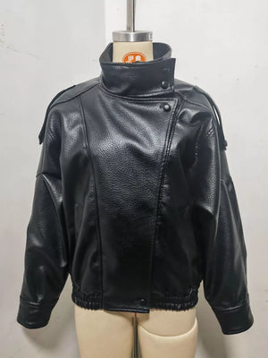 Zip-up Faux Leather Moto Jacket in Brown, alternate angle