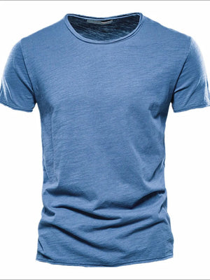 Textured slub cotton crewneck tee in Dusty Blue with short sleeves.