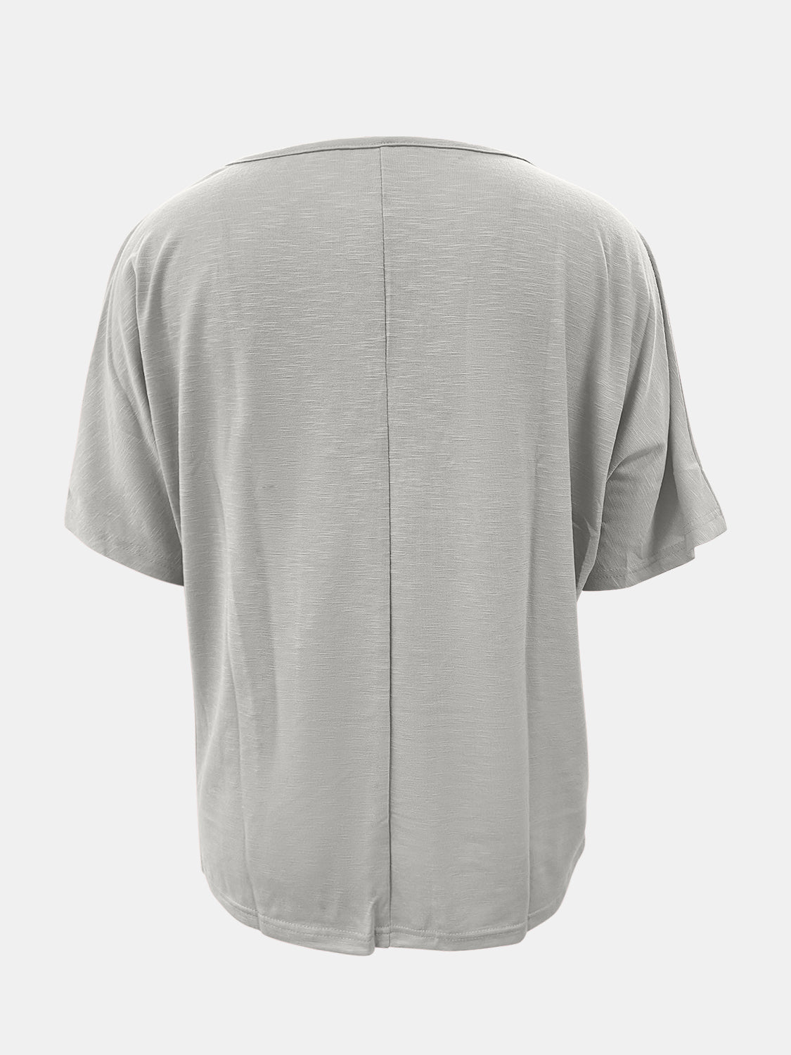 Gray relaxed fit dolman sleeve tee with textured fabric and center back seam.