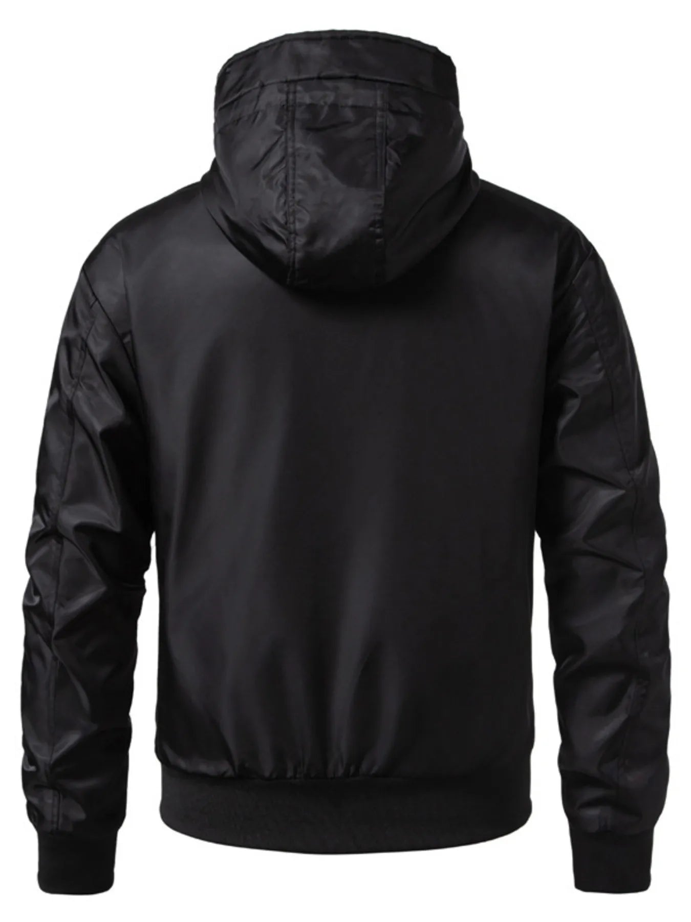 Black hooded windbreaker jacket for men with a smooth finish and elastic cuffs.