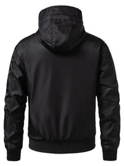 Black hooded windbreaker jacket for men with a smooth finish and elastic cuffs.