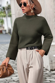 Ribbed mock neck sweater in Army Green with volume sleeves.