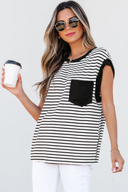 Black and white striped t-shirt with a black pocket detail and crew neck.