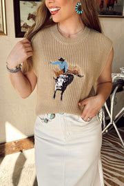 Tan knit tank top with embroidered bull rider motif, crew neck, sleeveless.