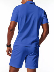Men's sapphire blue waffle knit polo shirt and jogger shorts set.
