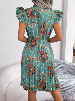 Turquoise floral mini dress with ruffle sleeves and pleated skirt.