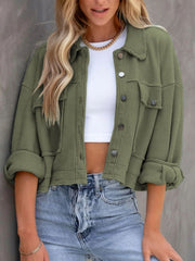 Moss green waffle knit cropped utility jacket with button front and chest pockets.