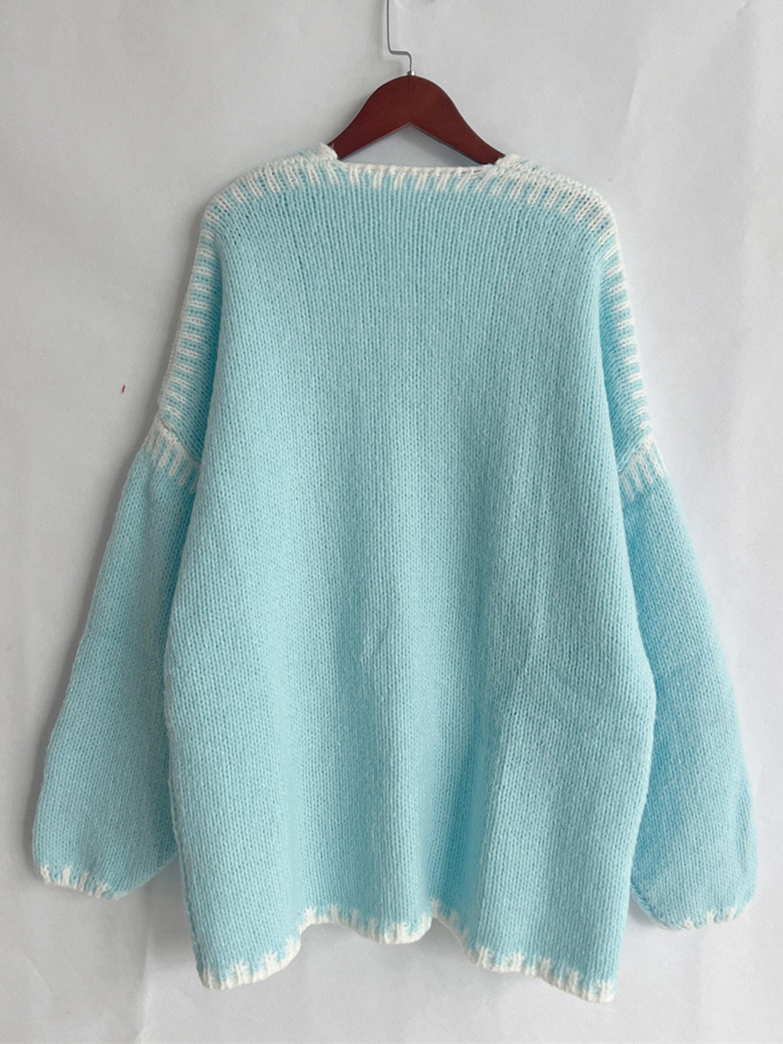 Tiffany Blue knit oversized cardigan with contrast white stitching detail