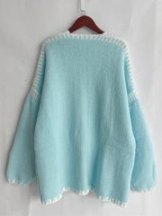 Tiffany Blue knit oversized cardigan with contrast white stitching detail