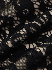 Black lace mini dress detail with spaghetti straps and floral pattern