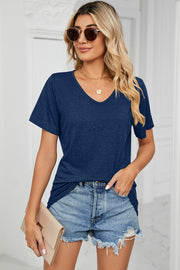 Heathered dark blue v-neck t-shirt with short sleeves and a relaxed fit.