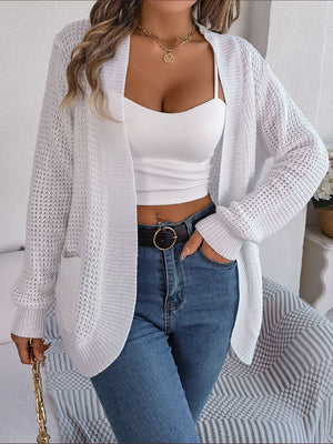 White textured knit open-front cocoon cardigan with pockets.