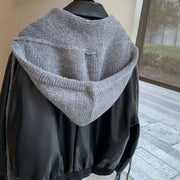 Gray knit hooded scarf with black faux leather jacket detail
