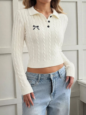 Cable Knit Long Sleeve Sweater in White, front view