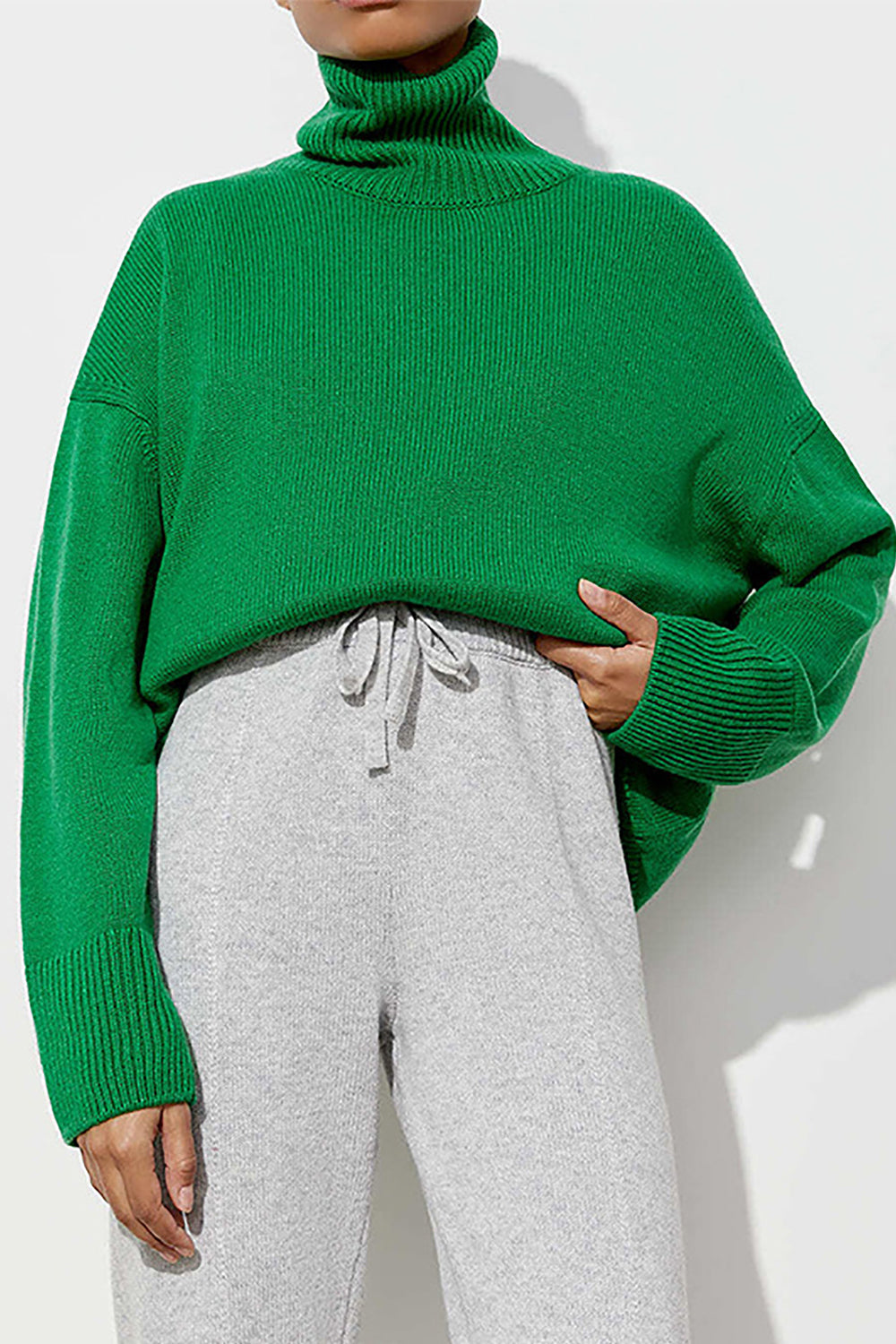 Mid Green Relaxed Roll-Neck Boxy Knit Sweater with ribbed cuffs and neckline