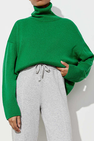 Mid Green Relaxed Roll-Neck Boxy Knit Sweater with ribbed cuffs and neckline