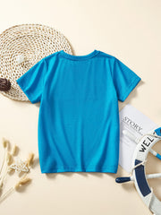 Toddler blue crew neck t-shirt with playful shark print on front.