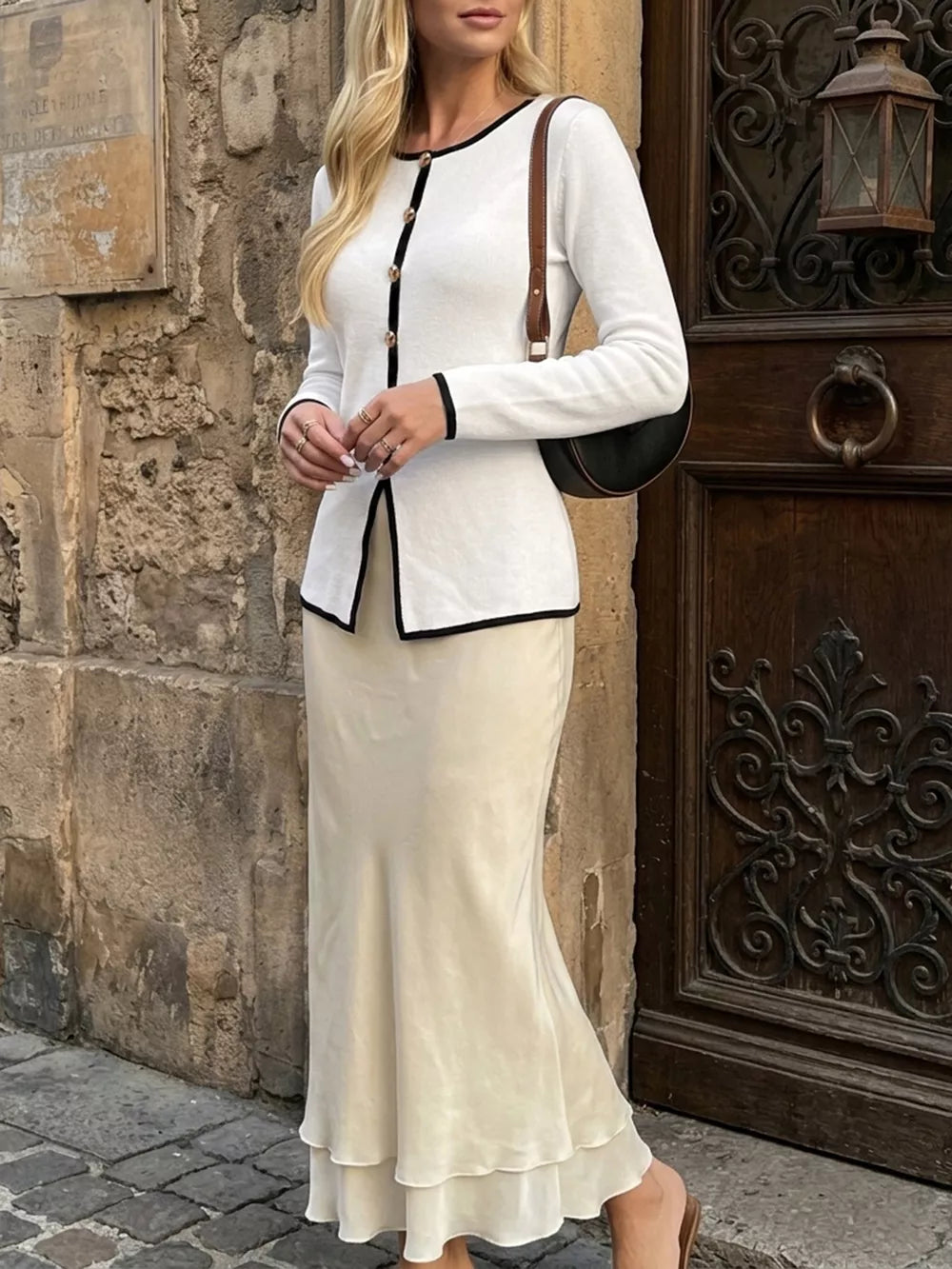 Contrast Trim Button Decor Knit Top in White, back view