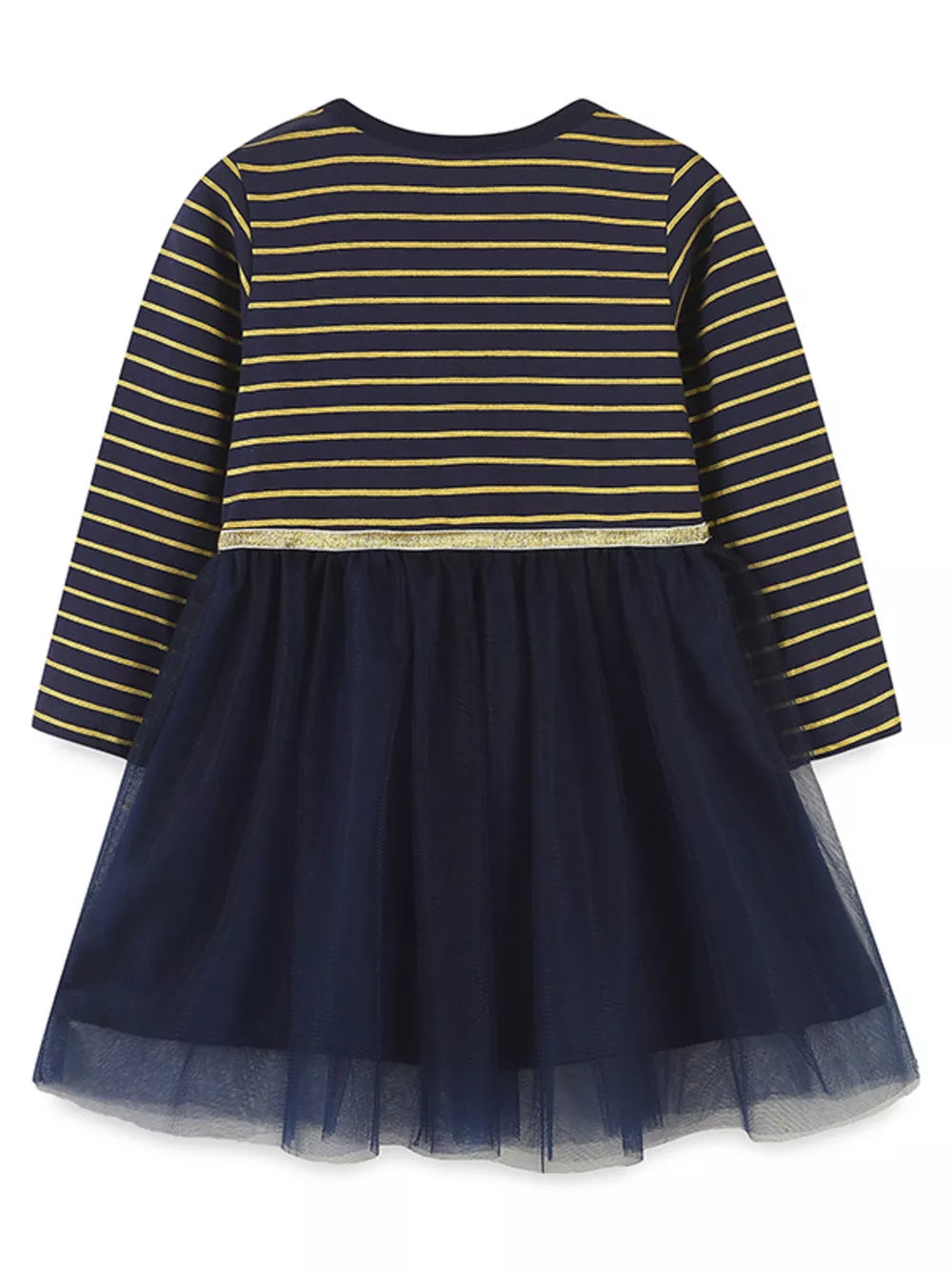 Navy long sleeve dress with gold stripes and navy tulle skirt.