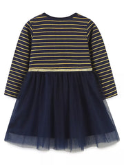 Navy long sleeve dress with gold stripes and navy tulle skirt.