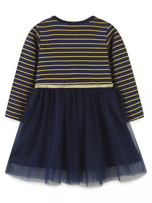 Navy long sleeve dress with gold stripes and navy tulle skirt.