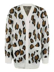 White leopard print knit open-front cardigan with pockets