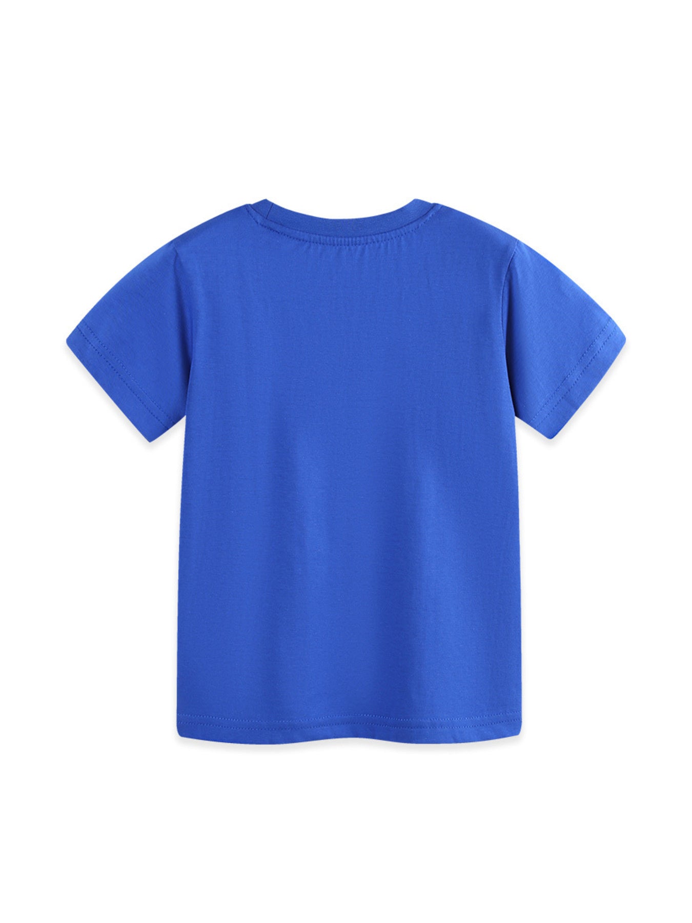 Blue cotton t-shirt with crew neck and short sleeves, showing the back.