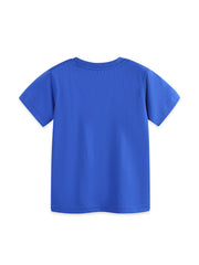 Blue cotton t-shirt with crew neck and short sleeves, showing the back.