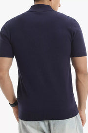 Dark Navy knit polo top with mock neck and short sleeves.