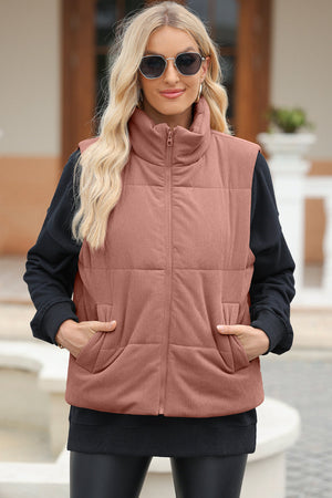 Dusty Pink corduroy padded funnel neck vest with zip front and pockets